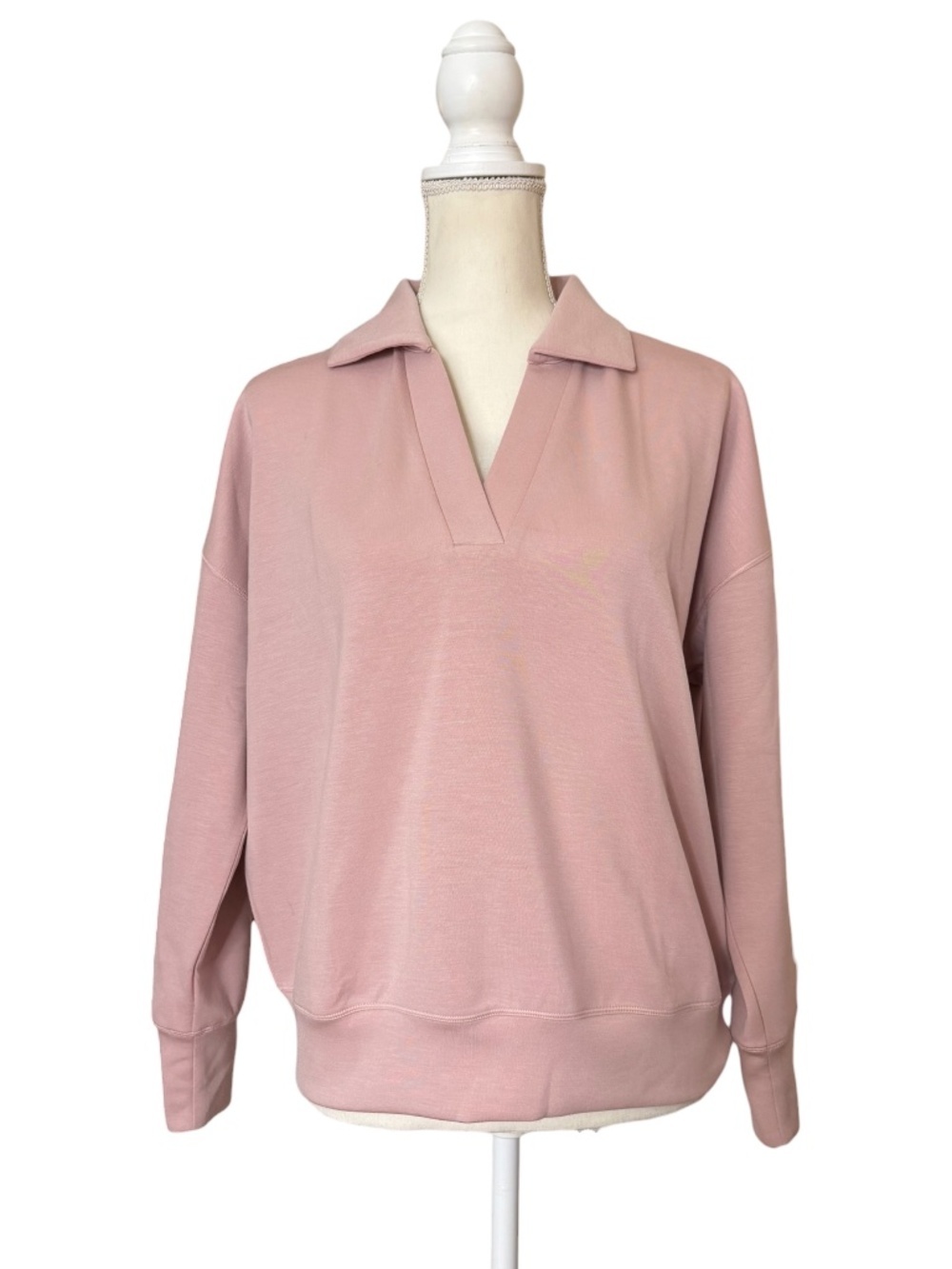 BYLT Opal Relaxed Polo Pullover Blush Pink V-Neck Long Sleeve